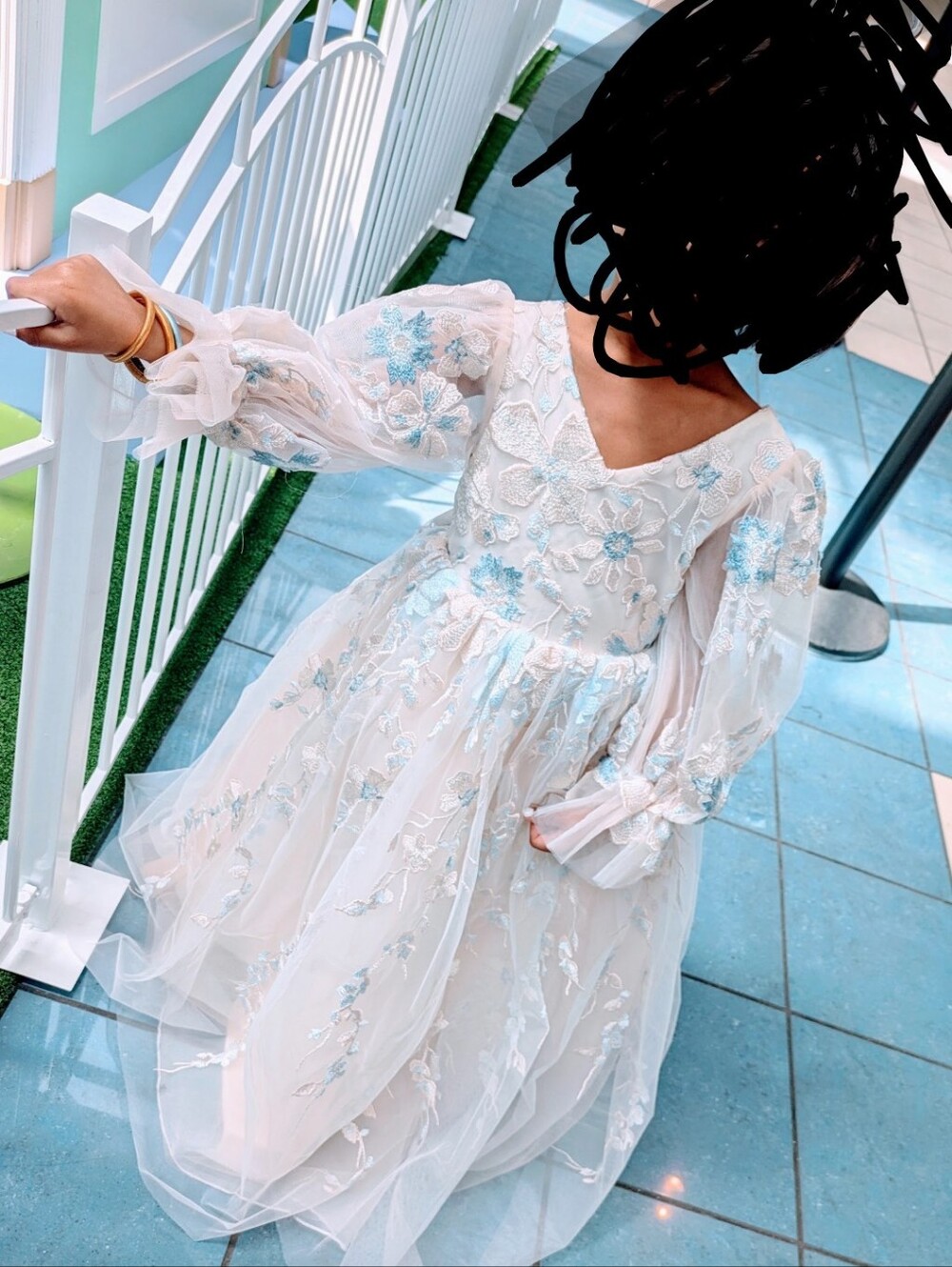 Elegant Girls' Embroidered Tulle Dress in Cream and Blue Size 4